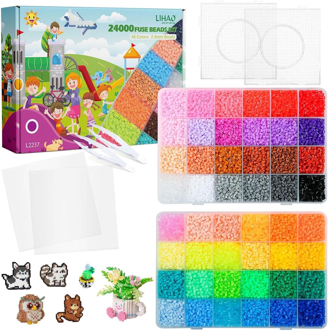LIHAO 2.6mm Mini Fuse Beads Kit for Crafts, 24000 pcs 48 Colors Fuse Beading Kit Multicolored Iron, Great Supplies for Fuse Beads Artist