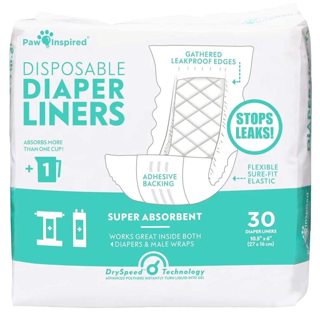 Paw Inspired Dog Diaper Liners | Inserts for Washable Covers, Female Dog Diapers, and Male Dog Belly Bands | Leakproof, Super Absorbent (30 Count)