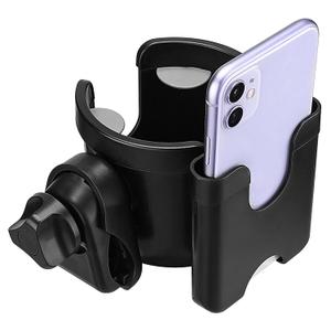 Suranew Universal Stroller Cup Holder, Adjustable Drink Holder with Phone Holder for Baby Stroller, Wheelchair, Walker, Bike, Scooter, Gifts for Family Member. (Black)