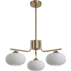 KCO Brushed Brass Gold 3-Light White Milk Ribbed Glass Sputnik Chandelier, 23.6 inches