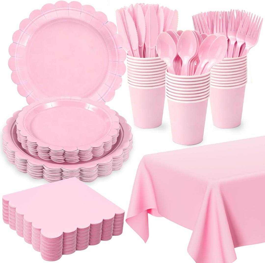 176 PCS Pink Party Decorations - Light Pink Scalloped Plates, Napkins, Cups, Cutlery, Tablecloth for Baby Shower, Wedding, Birthday Party Decorations, Serves 25