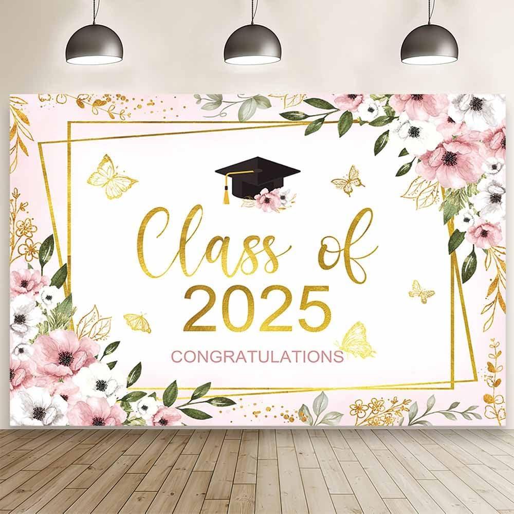 MEHOFOND 7x5ft Class of 2025 Congratulations Backdrop Pink Floral Congrats Grad Photography Background Pastel Butterfly Graduation Party Decor Gold Confetti Prom 2025 Party Banner Photo Booth Props