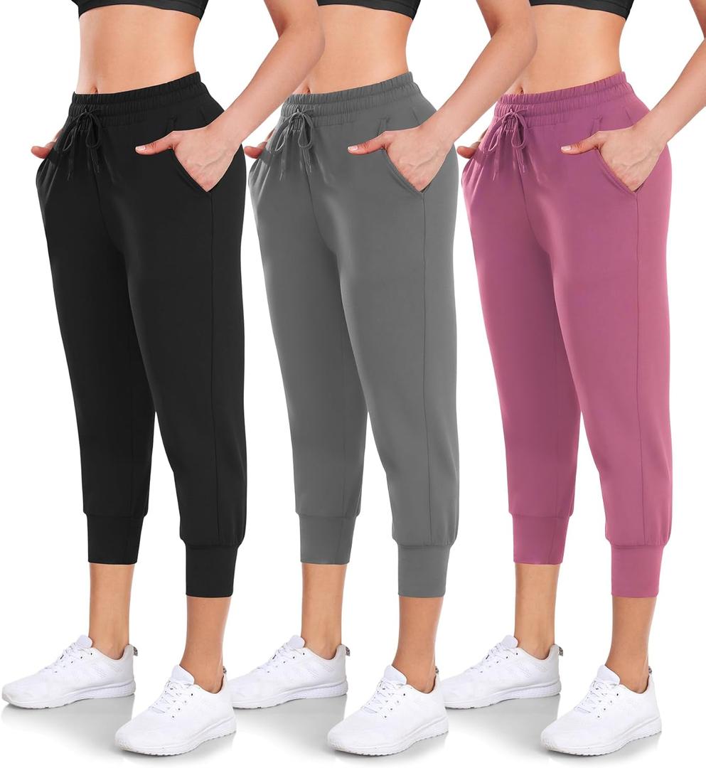 Women's 3 Pack Capri Sweatpants with Pockets - High-Waist Yoga Joggers Athletic Running Leggings for Workout, Gym, Lounge, S