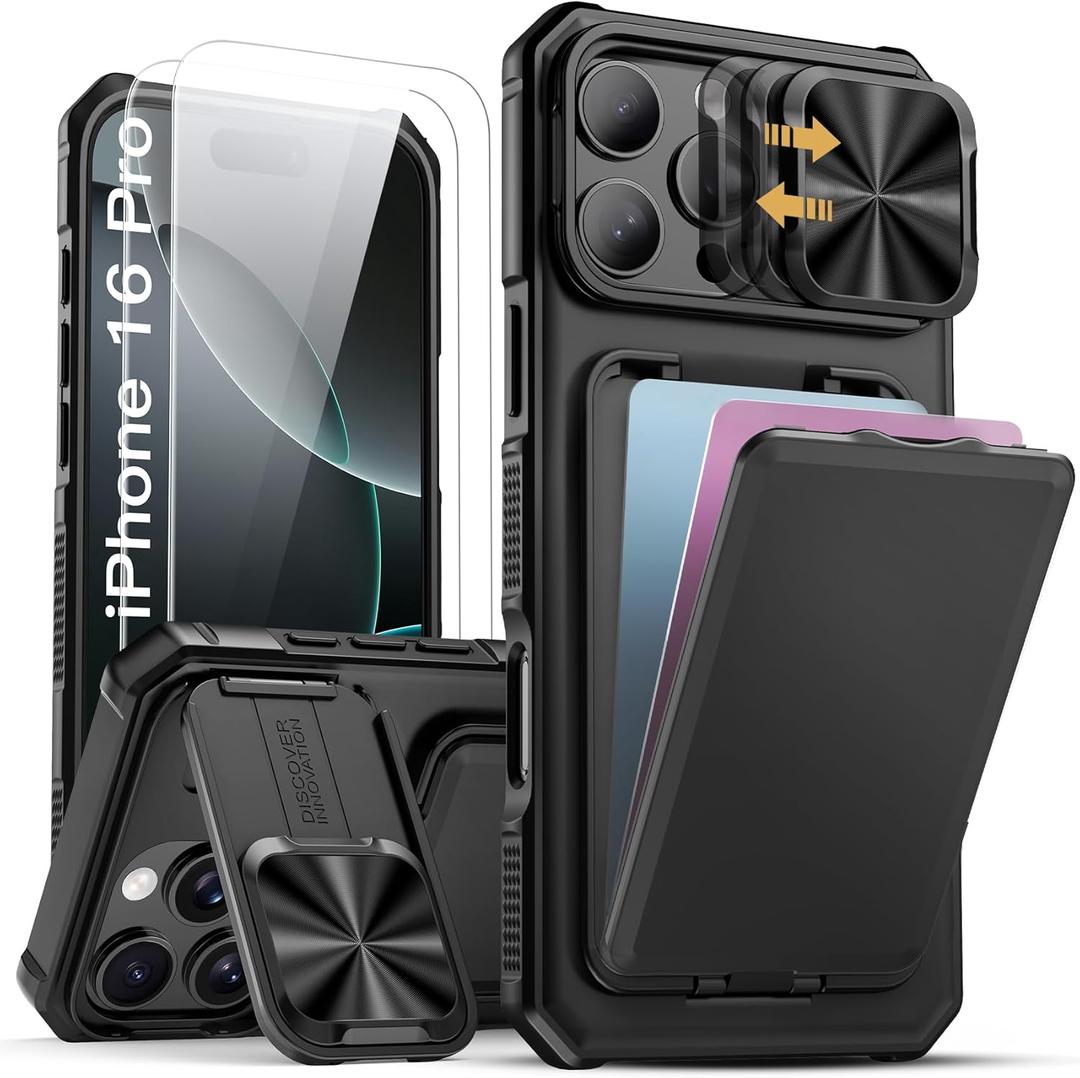 SSLOTSCASE for iPhone 16 Pro Case with 2X Screen Protector, Card Holder & Kickstand & Slide Camera Lens Cover, Silicone Edge Rugged Shockproof Protective Phone Cover for iPhone 16 Pro 6.3'', Black