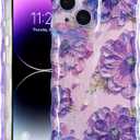 Case for iPhone 15, Colorful Retro Oil Painting Aesthetic Flowers Glossy Design Cute Curly Wavy Edge Easy Grip Soft Bumper Protective Slim Thin Phone Cover Case for Women Girly, Purple