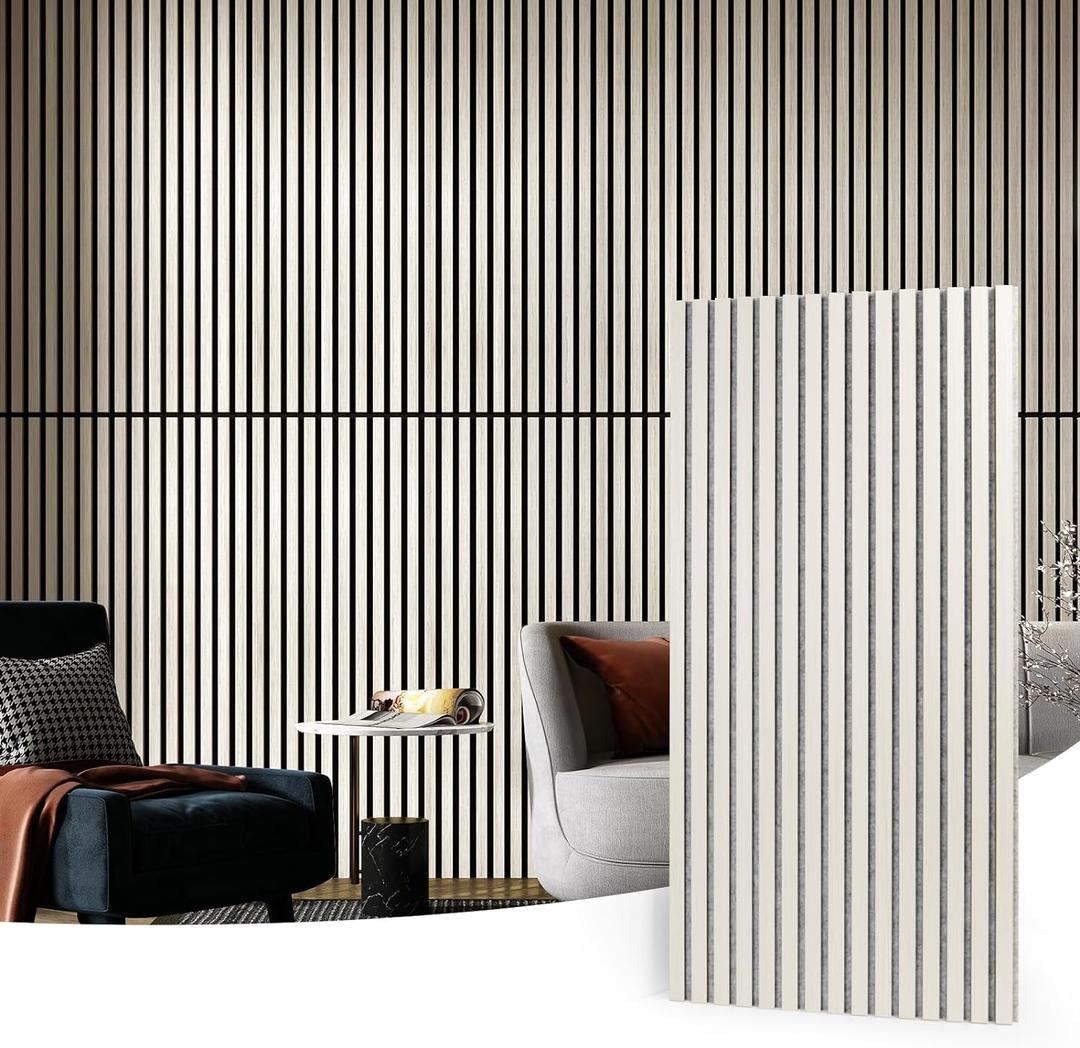 Art3d 2 Wood Slat Acoustic Panels for Wall and Ceiling - 3D Fluted Sound Absorbing Panel with Wood Finish - White Elm