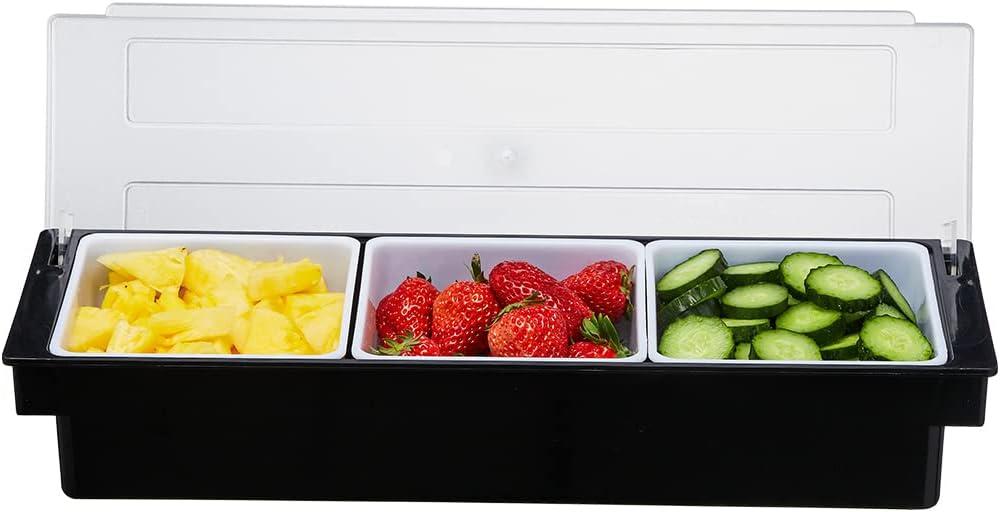 Ice Cooled Condiment Serving Container-3 Compartment Chilled Garnish Tray Bar Caddy with Hinged Lid (3 Compartments)