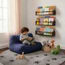 Set of 3 Kids Floating Bookshelves Deep Walnut 24 Inch Wall Mounted Nursery Book Shelves with Safety Rail Ideal Storage & Display Shelf for Nursery, Bedroom, and Playroom