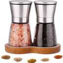 Salt and Pepper Grinder Set with Wooden Standing Tray, Refillable Pepper Mill Set - Brushed Stainless Steel - Short Glass Shakers with Adjustable Coarseness for Peppercorn, Salt or Spice Mills