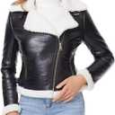 DIASHINY Women's Faux Shearing Fur Winter Coat Warm Thick Fur Lined Faux Leather Jacket (039 Black-white)