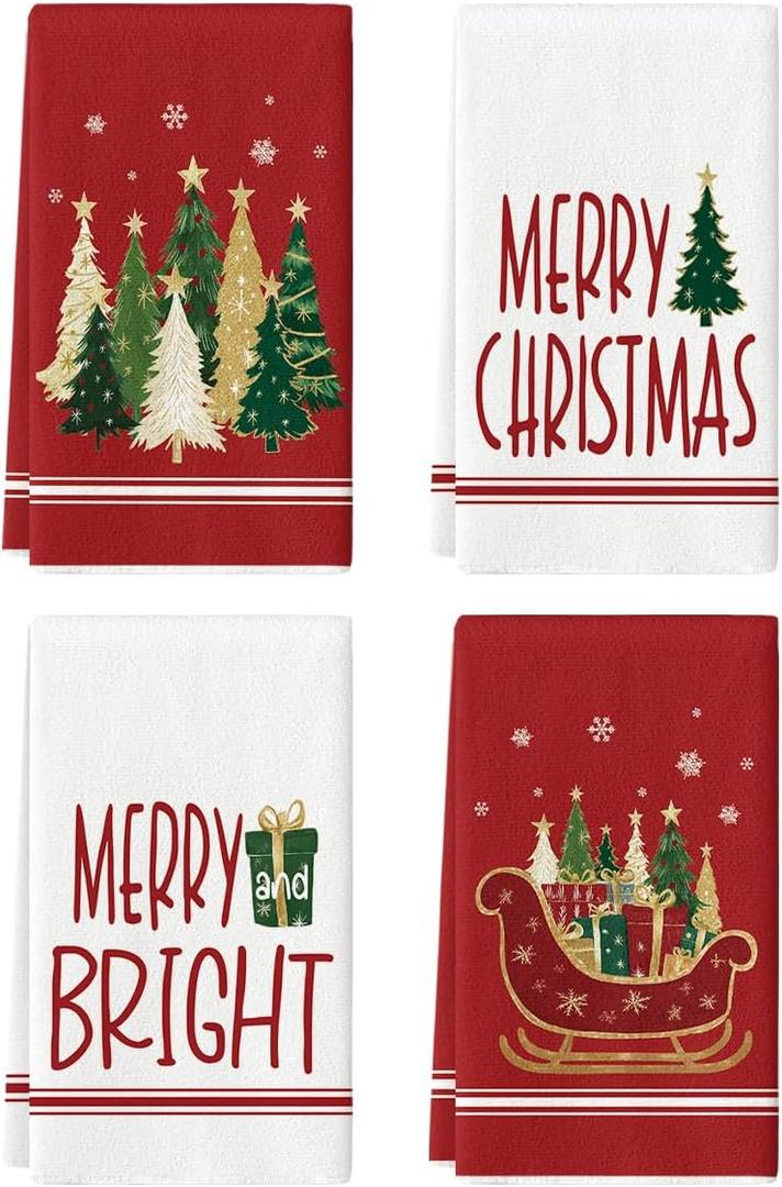 Artoid Mode Red Sleigh Star Xmas Tree Merry Christmas Kitchen Towels Dish Towels, 18x26 Inch Farmhouse Holiday Winter Decoration Cleaning Set of 4