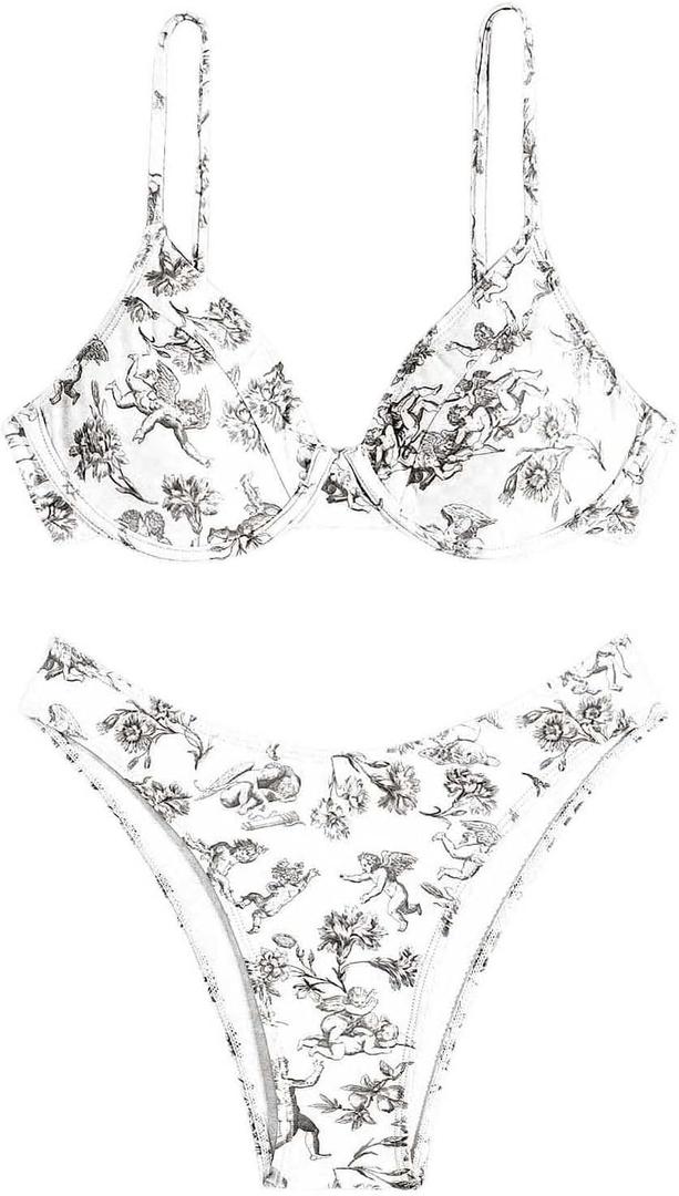 SHENHE Women's Underwire 2 Piece Swimsuits Floral High Cut Bikini Set Bathing Suit (XS, Black and White)