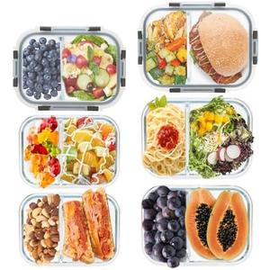 GULFLIN 2 Compartment Glass Meal Prep Containers, Only 1 Pack Reusable Food Storage Containers with Lids, Lunch Containers for Adults, Portion Control, Airtight, Freezer to Microwave Safe(34oz+22oz)