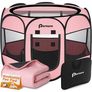 Dog Cat Playpen Indoor Outdoor for Puppy Pet Dogs Cat Recovery After Surgery, Dog Tent Crates Cage Indoor/Outdoor, Portable Pop Up Kennel with Carrying Case for Travel (Premium Pink with Pad, Small)