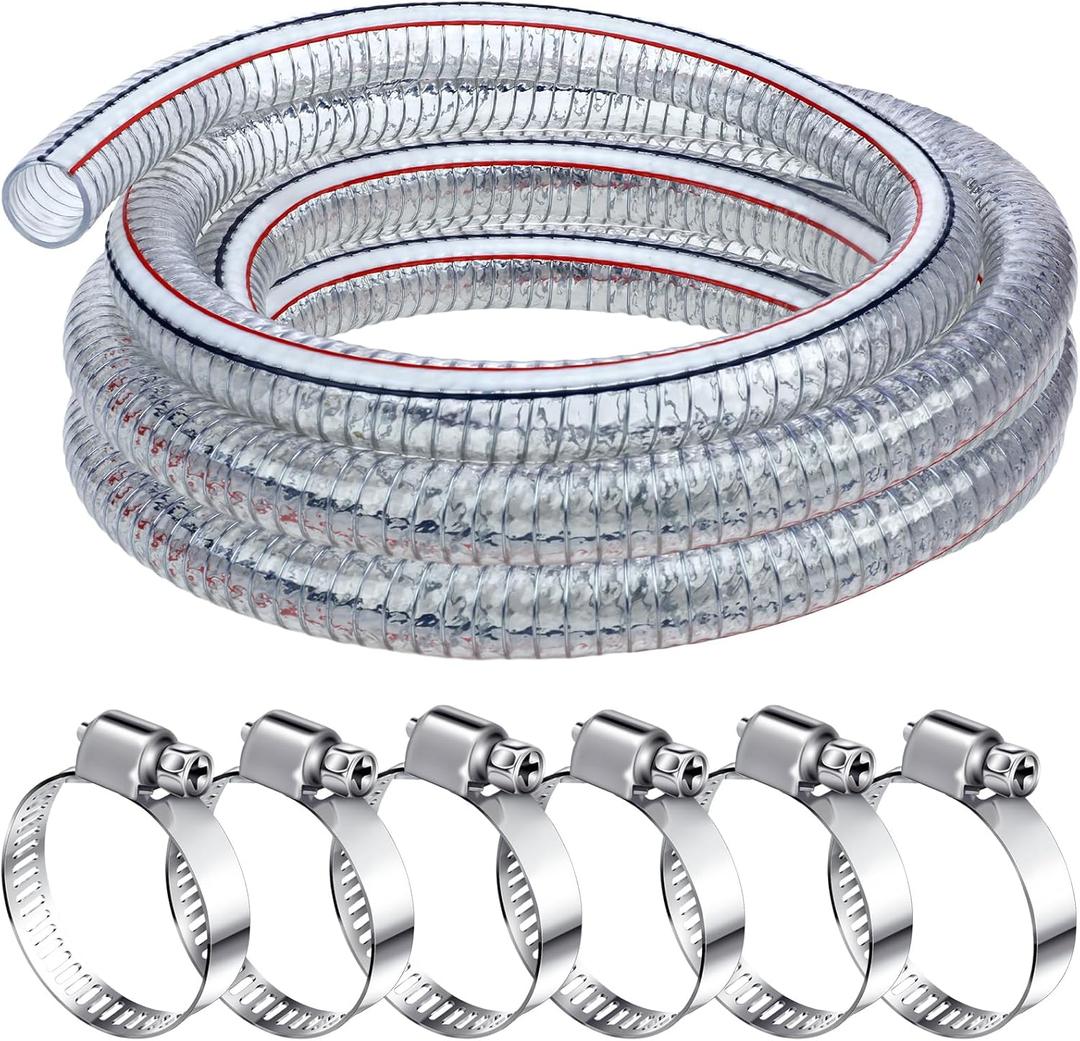 Frienda Heavy Duty Steel Wire Flexible Tubing with Fasteners PVC High Pressure Oil Drain Hose Tube Clear Wire Reinforced for Pond Marine Bilge Pump Garden Pool Vacuum Suction Hose(10 Ft, 1.5 Inch Id)
