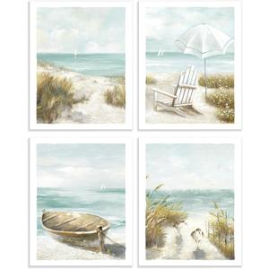 Color Play Coastal Wall Art Beach Prints: Unframed Ocean Seascape Picture Boat Seagull Grass Chair Umbrella Artwork for Home Decor, Set of 4
