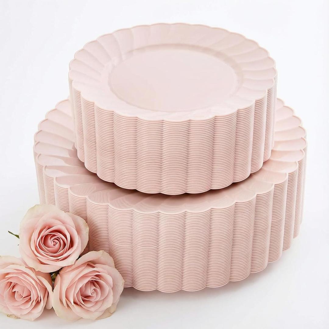 YOUBET 100PCS Pink Scalloped Plastic Plates - Heavy Duty Pink Disposable Fancy Hard Plates Include 50 Dinner Plate, 50 Dessert Plate, for Wedding & Party Valentines Day