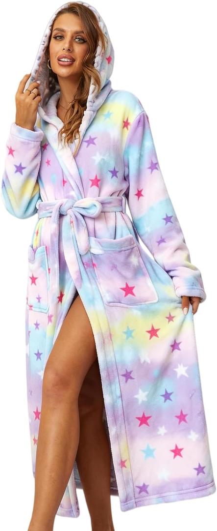 RONGTAI Womens Robes Plush Fleece Print Star Hooded Bathrobe Thick Nightgown with Pockets Fluffy Sleepwear Large, Star
