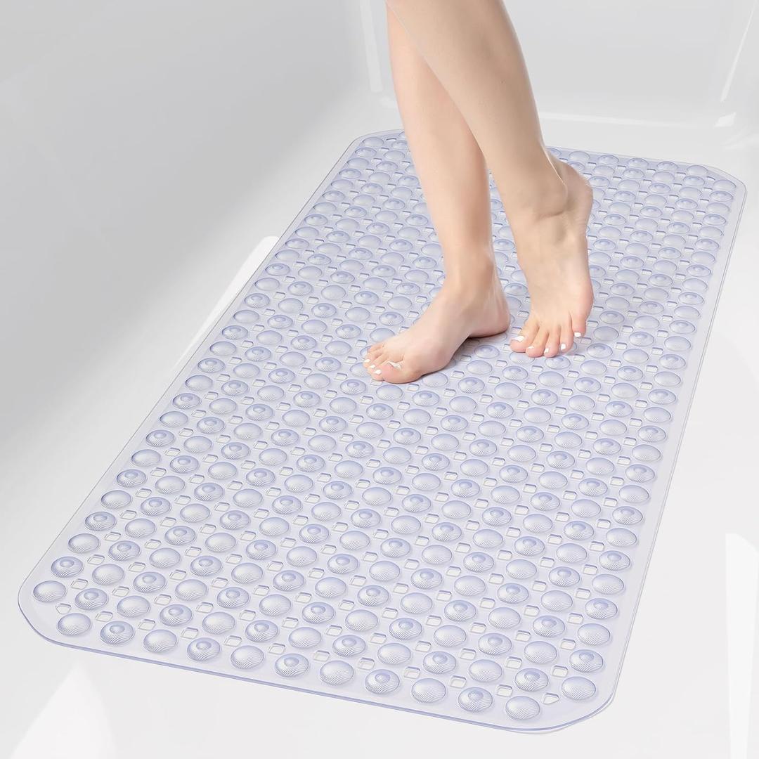 OTHWAY Bath Tub Shower Mat Non Slip, Bathtub Floor Liner Mats for Inside Shower Bathroom, Suction Cups and Drain Holes for Feet Scrubbing, Machine Washable, Soft on Feet, 35x16 Inch, Transparent