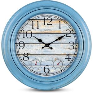 eYotto 18-Inch Large Indoor/Outdoor Waterproof Wall Clock with Thermometer & Hygrometer, Battery-Operated Silent Non-Ticking for Patio, Pool, Bathroom, Garden, Beach House Decorative, Oversized Blue