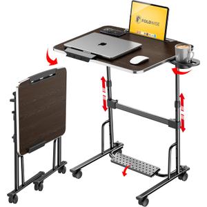 Foldable Standing & Rolling Desk, Upgraded Portable Desk on Wheels Adjustable Height & Angle, Sturdy Mobile Table Workstation for Laptop with Footrest, Cup Holder, Edge Stopper & iPad Holder, XL