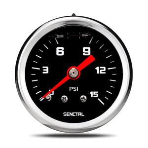 SENCTRL 0-15 Psi Fuel Pressure Gauge, 1-1/2" Black Dial, 1/8" NPT Back Mount, Silicone Oil Liquid Filled, Stainless Steel Case, Inline Low Pressure Gauge, for Water Oil Pressure Test