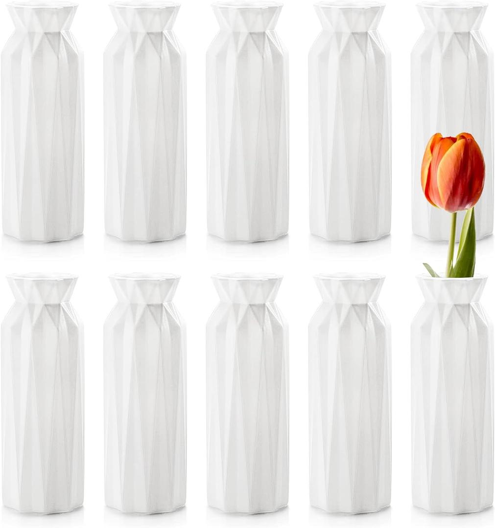 ZOOFOX 10 Pack Composite Plastic Flower Vase, 8" Plastic Vases for Centerpieces, White Unbreakable Vase for Wedding Dinner Table Party Living Room Office Bedroom Decor, Origami Design