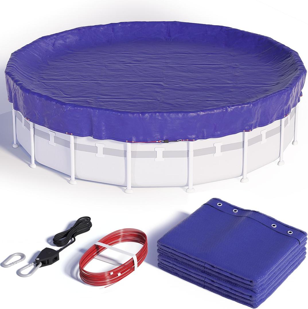 15 ft Round Winter Pool Cover, [ 2025 Upgraded ] Above Ground Pool Cover with Accessories, 15 Foot Round Pool Cover, Cable & Pulley System (Blue)