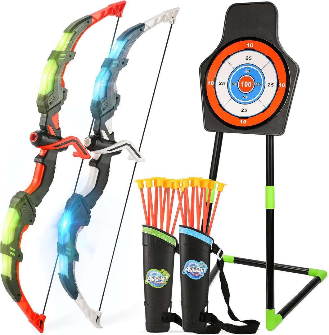 Bow and Arrow Set for Kids, 2 Pack LED Light Up Archery Set with 20 Suction Cup Arrows, Indoor and Outdoor Toy for Boys Girls Age 4-8 8-12 with Standing Target&2 Quivers, Birthday Gift 3-12 Years Old