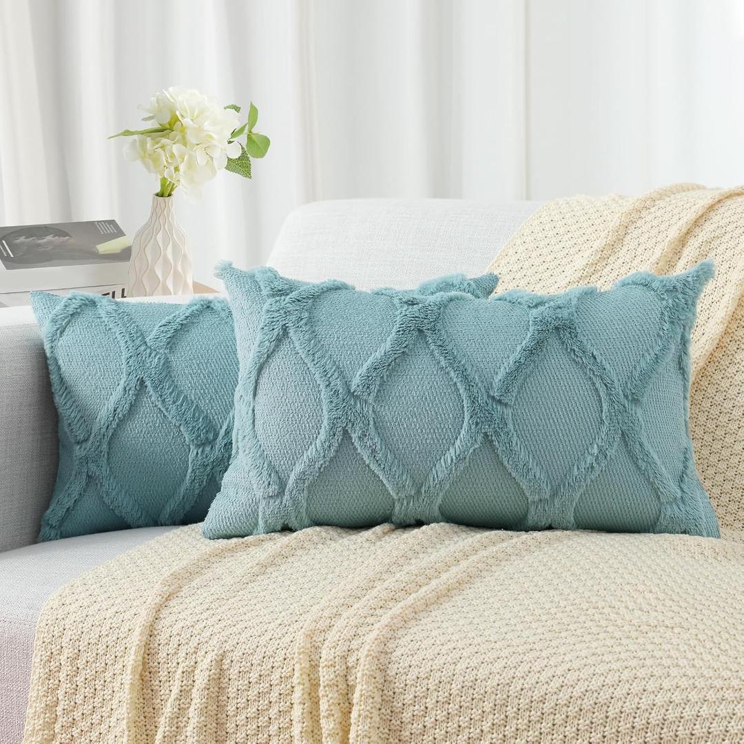 decorUhome Spring Throw Pillow Covers 12x20 Inch Set of 2, Soft Plush Faux Fur Wool Lumbar Aqua Couch Pillow Covers, Decorative Neutral Pillow Cases for Bed Sofa Living Room Home Decor