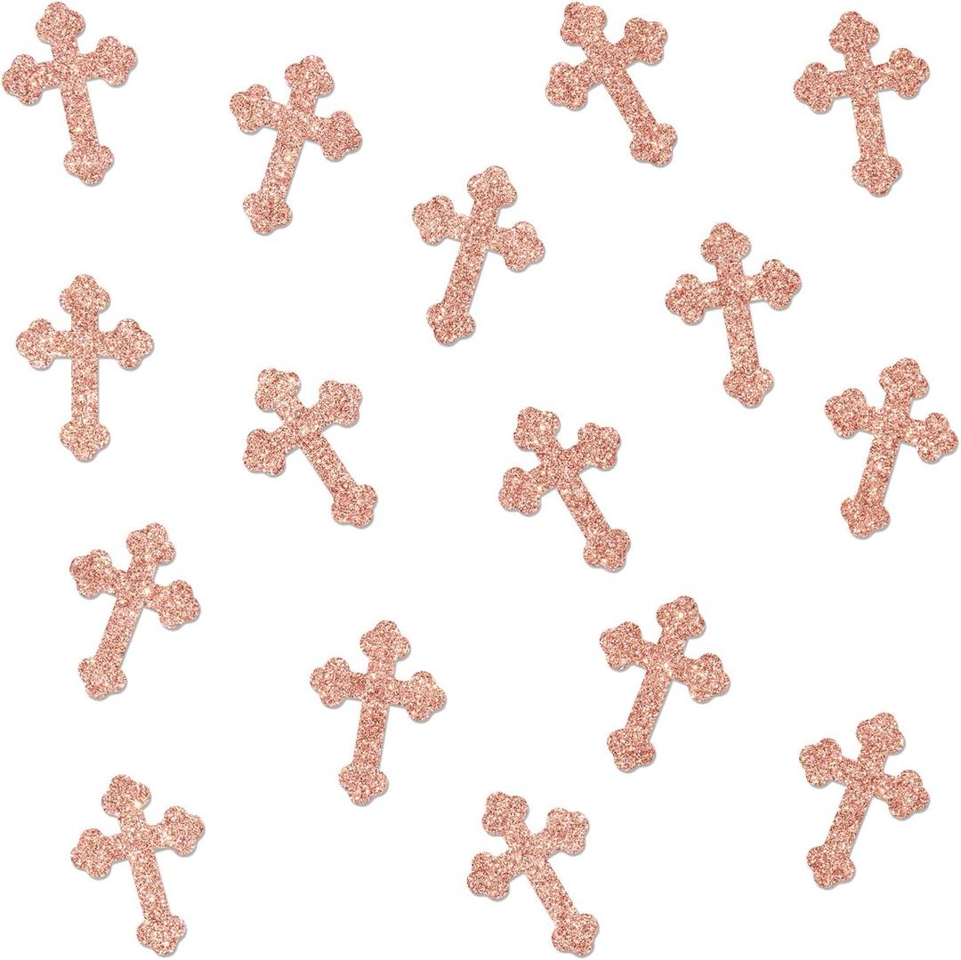 Christening Cross Table Confetti - God Bless Table Decorations - First Communion, Cross Confetti for Baby Shower Baptism Party Decorations, Rose Gold Glitter (220Pcs)