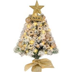 LOENIY 24In Tabletop Christmas Tree Snow Flocked, Mini Christmas Tree Includes DIY Ornaments 35 LED Lights Star Treetopper, Small Xmas Artificial Tree for Holiday Indoor Christmas Decoration (Gold)