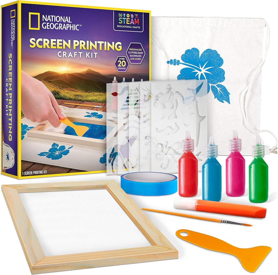 NATIONAL GEOGRAPHIC Kids Screen Printing Kit - Arts and Crafts Silk Screen Printing Kit with Fabric Paint, Frame, Stencils & Squeegee Plus Drawstring Bag & More, Screen Print, Silkscreening Kit