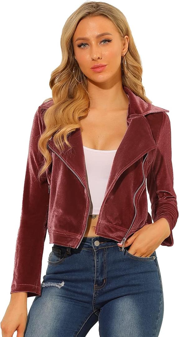 Allegra K Women's Velvet Moto Jacket Cropped Blazer Zip Up Motorcycle Lapel Collar Winter Dressy Jackets Coat 2025 XL