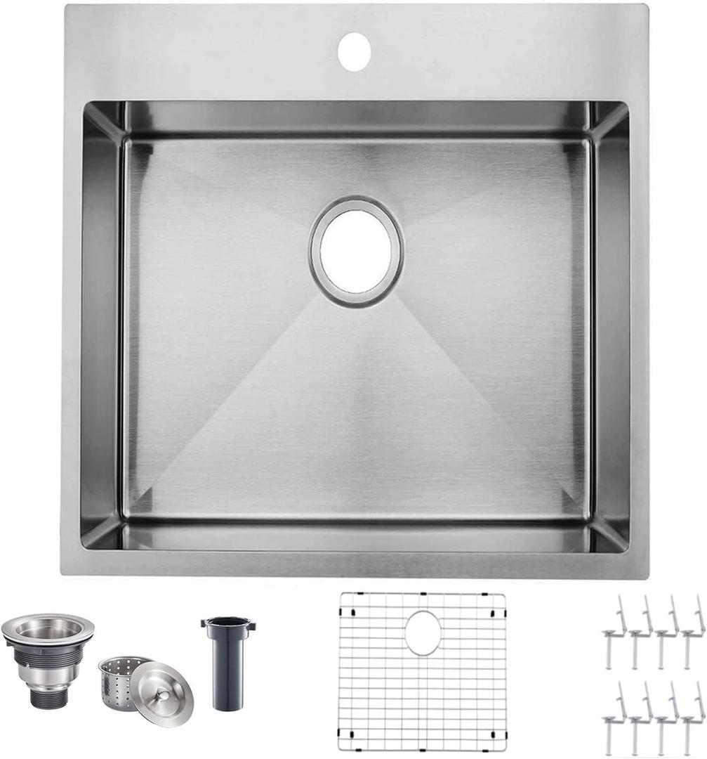 18x18 Inch Drop In Bar Sink, 18 Inch Small Kitchen Sink, Topmount Stainless Steel Small Kitchen Bar Sink for Laundry Wet Bar Prep RV Office Outdoor Yard with Dish Grid and Basket Strainer