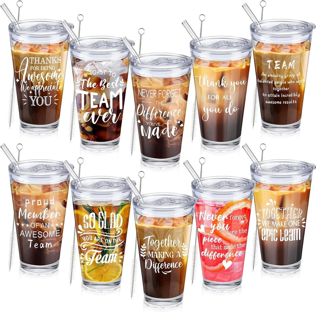 Patelai 10 Set Thank You Gifts Employee Appreciation Gifts Bulk 20 oz Glass Tumbler with Lid and Straw for Social Worker Staff Colleagues Teachers Nurse Gift Customer Retirement Present(Team)