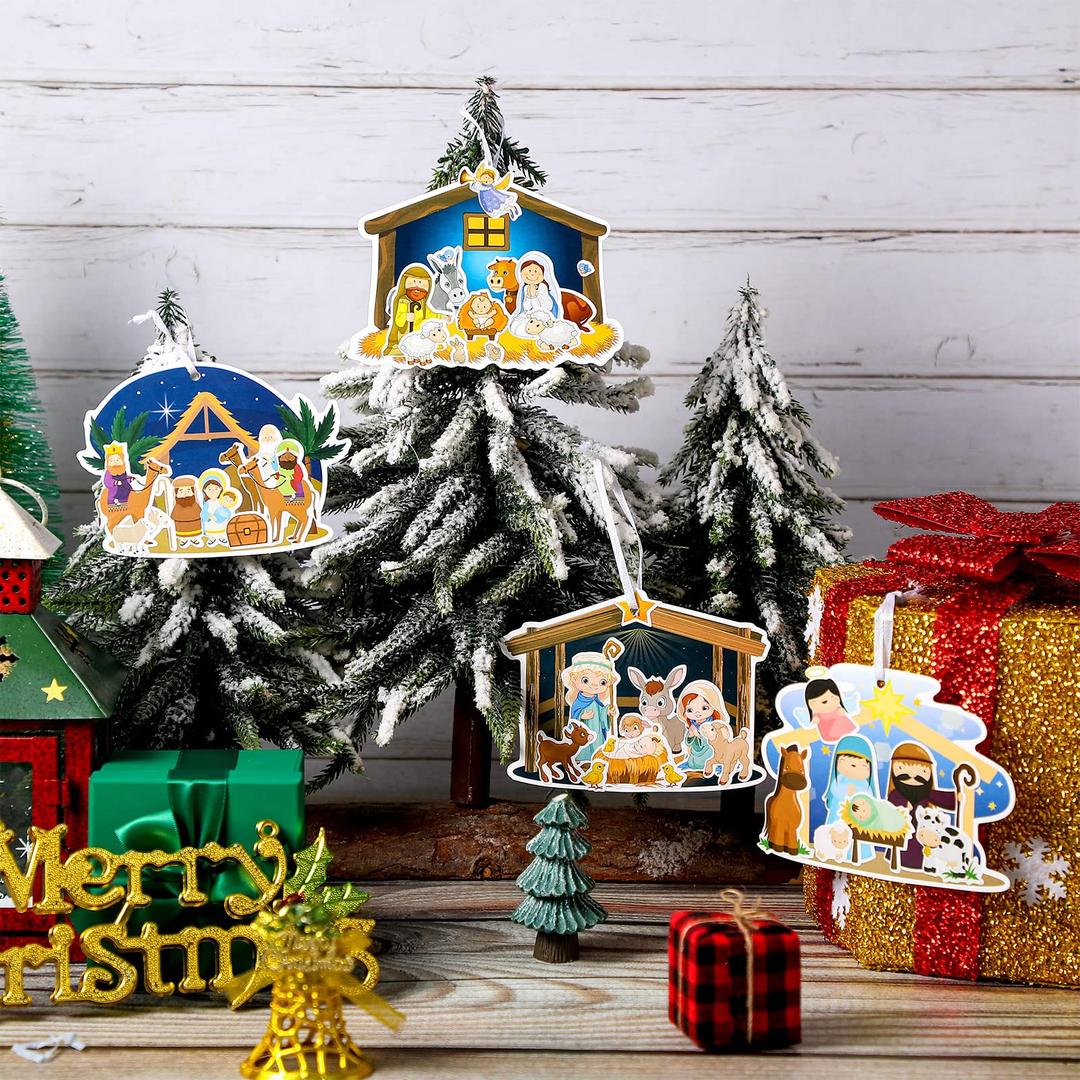 G64 Sheets Make a Nativity Scene Sticker Nativity Crafts for Kids Religious Christmas Crafts Stickers with Scene Cardboard and Rope for Party Favors Christmas Tree