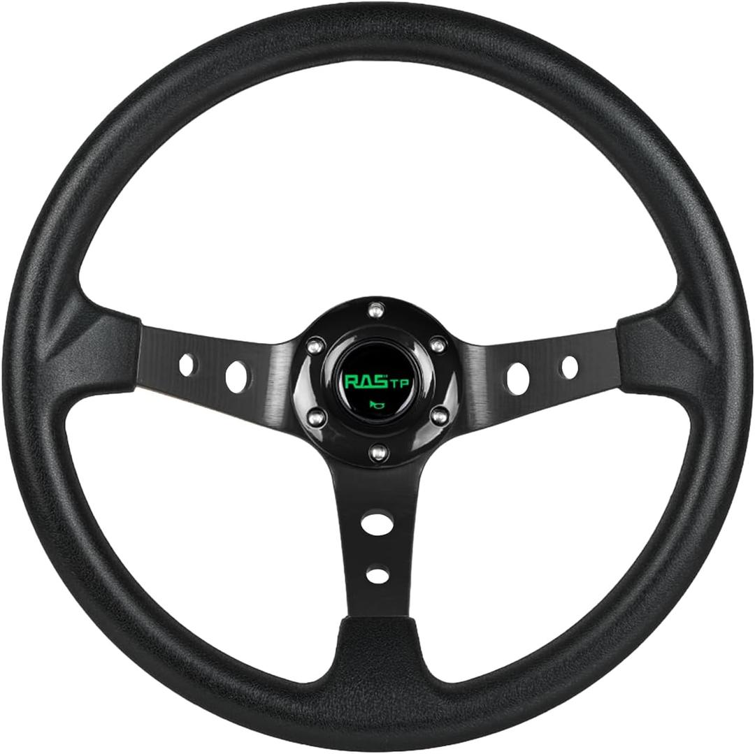 RASTP Universal Racing Steering Wheel,Drifting Deep Dish Steering Wheel 13.8/350mm 6 Bolts Grip Vinyl Leather & Aluminum with Horn Button for Car -Black