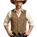 JEMITOP Men's Retro Western Cowboy Vest Faux Suede Leather Snap Waistcoat Slim Fit Casual Sleeveless Jackets Wedding Dress Vests with Pockets Brown S