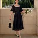 2 x Women's Summer Boho Off Shoulder Midi Dress Ruffle Sleeve Smocked Elastic Waist Flowy Dresses (Black, S)