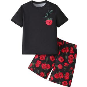 Boy's 2 Piece Outfits Floral Print Short Sleeve Crewneck T Shirt and Shorts Set Summer Outfits (12Y, Red and Black)