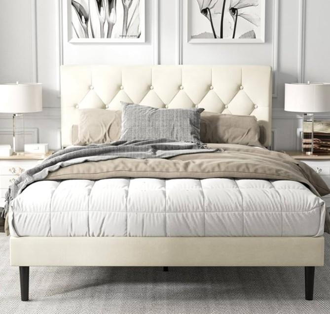 HAOARA Queen Size Platform Bed Frame with Upholstered Button Tufted Headboard, Mattress Foundation with Wooden Slat Support, Noise Free, No Box Spring Needed, Easy Assembly, Beige Velvet