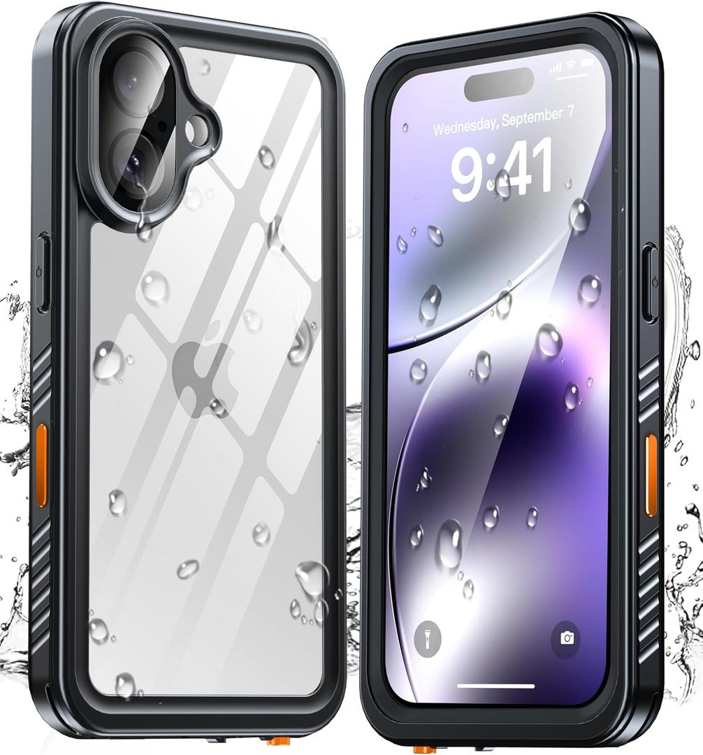 ANTSHARE for iPhone 16 Case, Waterproof Built-in Screen Protector, [12 FT Military Drop Proof] [Full Body Shockproof] [Dustproof] [IP68 Underwater] Phone Case for iPhone 16 6.1''- Black/Clear