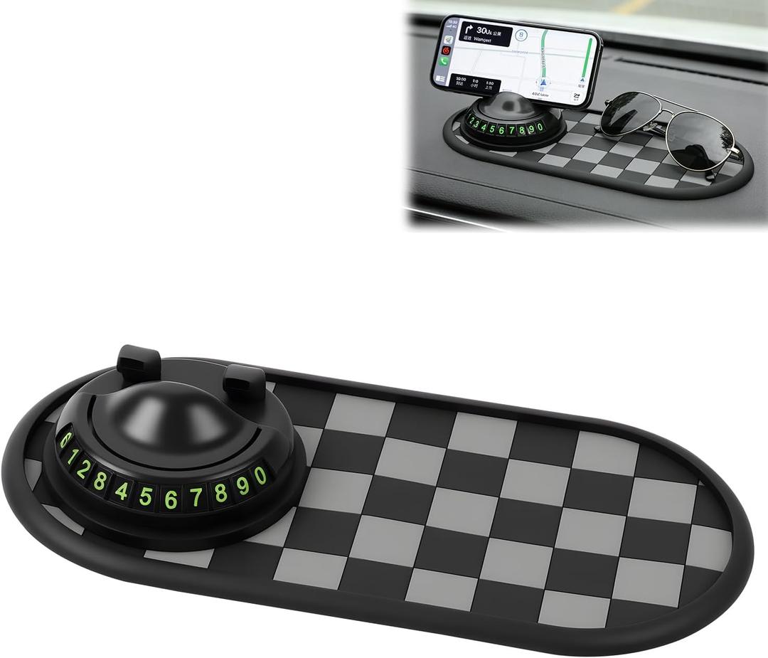 Multifunctional Car Anti-Slip Mat with 360 Rotating Phone Holder,Anti Slip Mat for Car Dashboard with Temporary Parking Number,Anti Slip Phone Mat for Car for Phones, Sunglasses, Keys (Gray Black)