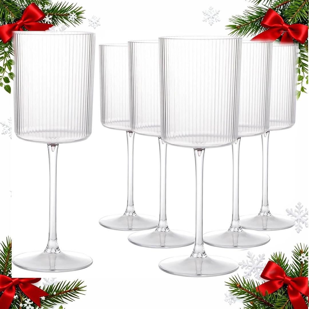 Ciaell 12 PCS Plastic Ribbed Wine Glasses - 10 OZ Plastic Square Wine Glasses with Stem - Disposable Champagne Cups for Parties & Weddings & Party & Christmas Gift & New Year