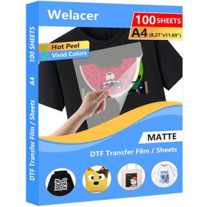 100 Sheets DTF Transfer Film Paper A4 Double Sided Thick Clear Pretreat Sheets, PET Heat Transfer Paper for Inkjet Printer DTG Printer Direct Print On T Shirts Textile