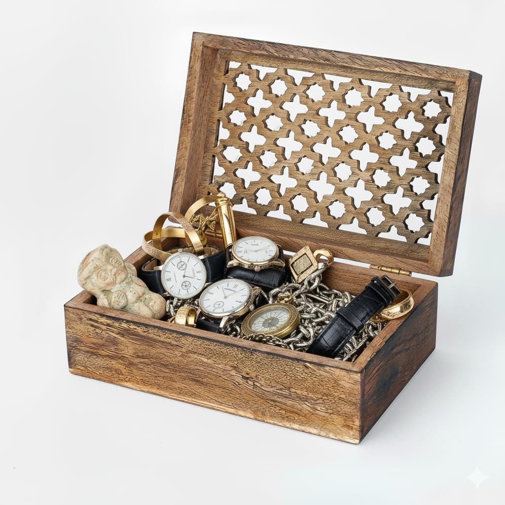 Mela Artisans Large Wooden Keepsake Box | Medium Burnt Memory & Decorative Storage Box for Jewelry, Photos & Trinkets with Hinged Lid | Vintage Storage Box |Trellis Design | 9 x 6 x 3.5