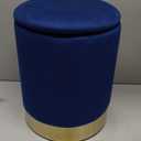 Joveco Round Storage Ottoman with Removable Lid, Velvet Upholstered Padded Vanity Stool Footrest with Gold Plating Base, Footstool for Living Room Bedroom Makeup Room (Blue)