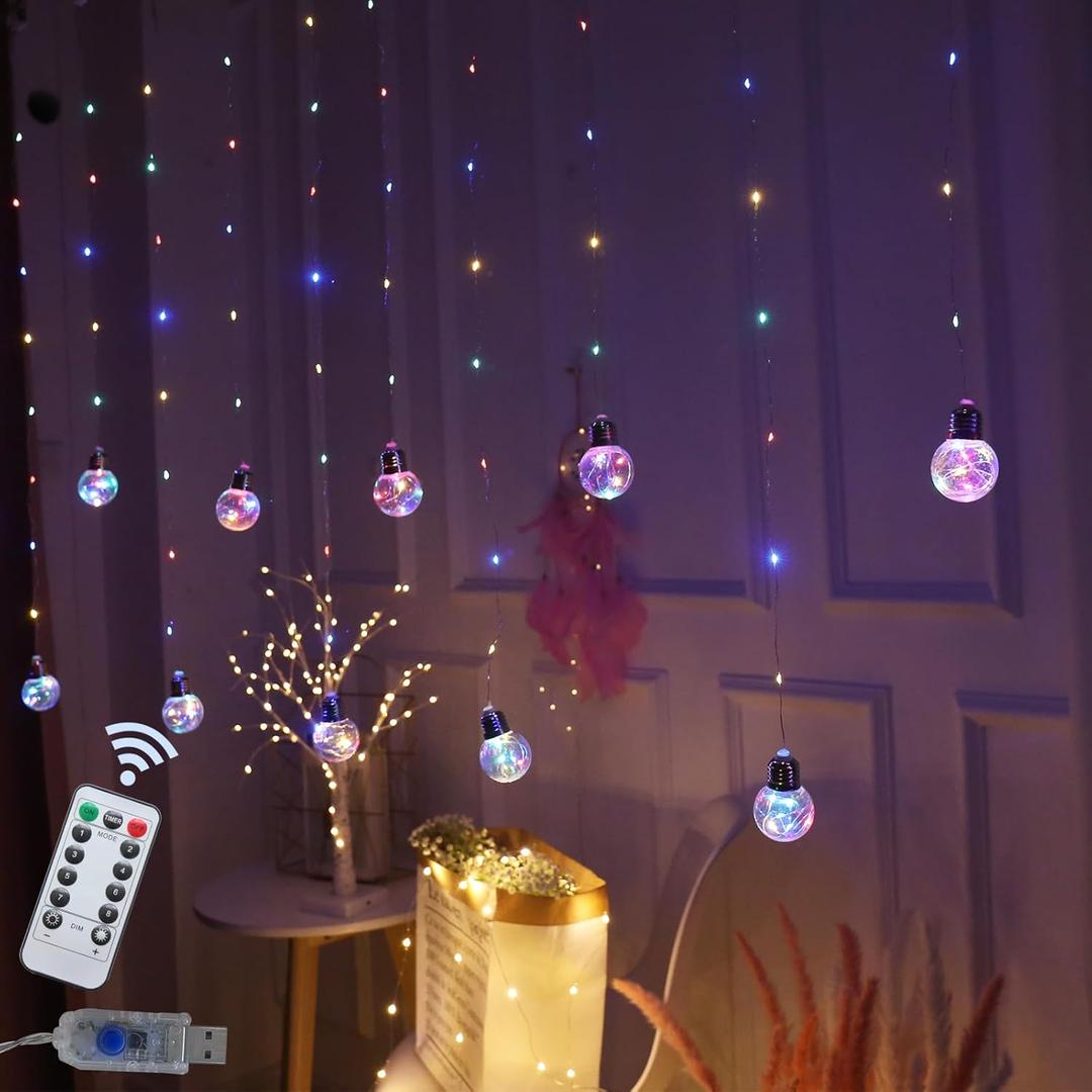 Obrecis Wishing Ball Curtain Lights 240 LED Hanging Twinkle Window Lights 8 Modes Fairy Lights for Bedroom with Remote, USB Powered String Lights Indoor for Christmas Wedding Party Wall (Four Color)