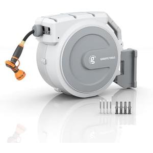 Giraffe Tools Retractable Garden Hose Reel 5/8" 90FT Wall Mount Light Grey | Any Length Lock,Auto Rewind System,180° Swivel Bracket,Heavy Duty Hybrid Hose,Easy to Assemble,7 Spray Patterns(Used)